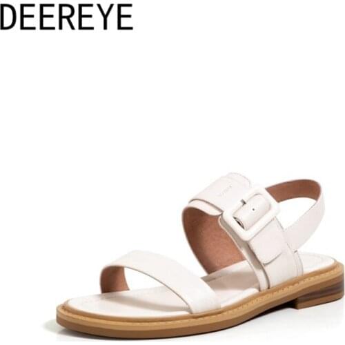 Fashion Upper Genuine Leather Women Low Heel Comfortable Flat Sandal Wide Ankle Strap Big Buckle Open Toe Shoe For Street Style