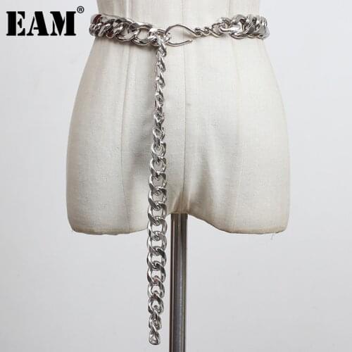 [EAM] Silver Color Metal Chain Split Joint Thick Long Belt Personality Women New Fashion All-match Spring Autumn 2021 1DC531
