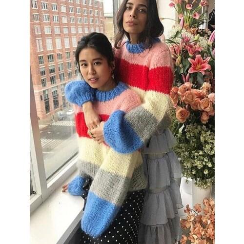 Elfbop Mahair Wool Contrast Striped O Neck Knitted Sweater Pullover - Ladies Stylish Warmer Fashion Jumper Top