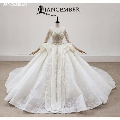 HTL2076 O-Neck Ball-Gown Beading Crystal Luxury Sequined Wedding Dress 2021 Lace Up Back Long Sleeve