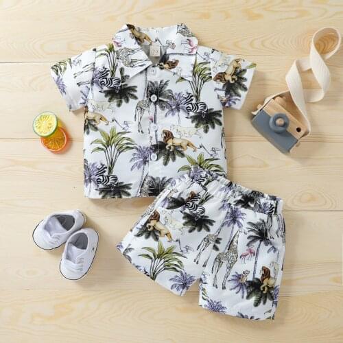 Summer Little Boys Shirt Shorts Set Toddlers Cartoon Animal Forest Printing Short Sleeve Lapel Tops + Short Outfit