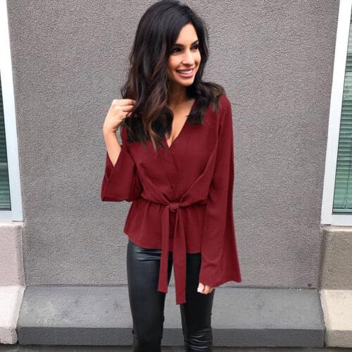Fashion Womens Long Sleeve Autumn Loose Blouse V-Neck Sashes Solid Casual Shirt Summer Chiffon Tops