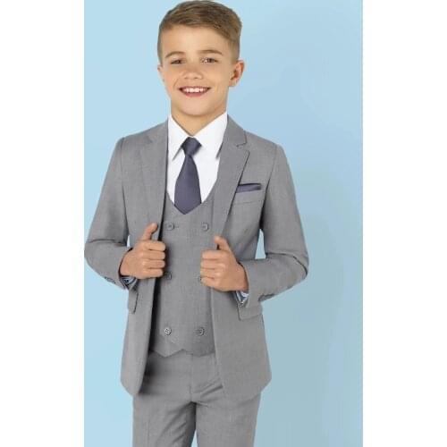 Fashion Grey Notch Lapel Kids Children Wedding Blazer Formal Suit Double Breasted Vest Boy Birthday Party Business Suit 3 Pieces