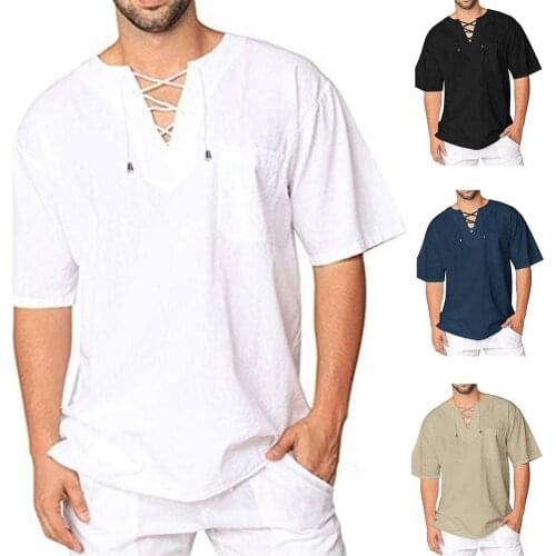 Men Fashion Solid Color Short Sleeve Bandage V Neck T-Shirt Baggy Blouse Top Casual Retro Solid Male Clothing Plus Size