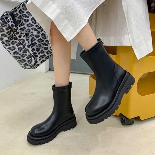 2021 Newest Microfiber Leather Boots Women Stretch Platform Chelsea Boots Thick Sole Spring Autumn Ankle Boots Female Shoes