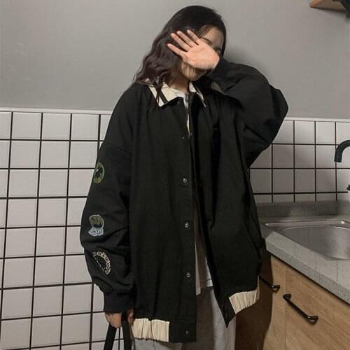Hong Kong Style Korean Vintage color block BF wind work jacket female student loose ins versatile jacket Baseball Jacket