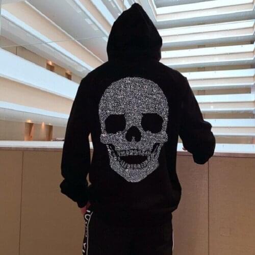 New Solid Color Mens Hooded Jacket Autumn And Winter Youth Hot Diamond Lovers Pullover Hoodie Skull Loose Top