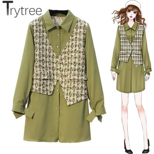 Trytree 2020 Autumn Winter Women Casual Dress Turn-down Collar Single Breasted Patchwork Fashion Loose Office Lady Shirt Dress