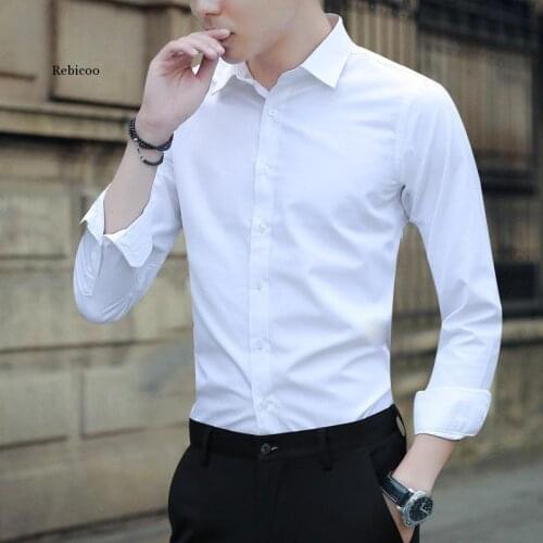 Large Size Mens Business Casual Long Sleeved Shirt White Blue Black Smart Male Social Dress Shirt Plus