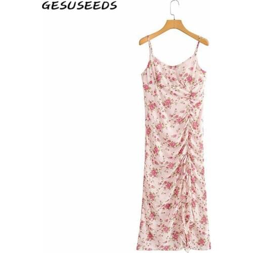 Sexy sleeveless dress women v neck midi dresses floral holiday dress pink spaghetti strap dress ruffle ruched dresses summer