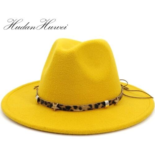 New Women Men Wollen Fedora Yellow Hat with Wide Brim Jazz Church Cap Holiday Party Panama Sun Top Hat