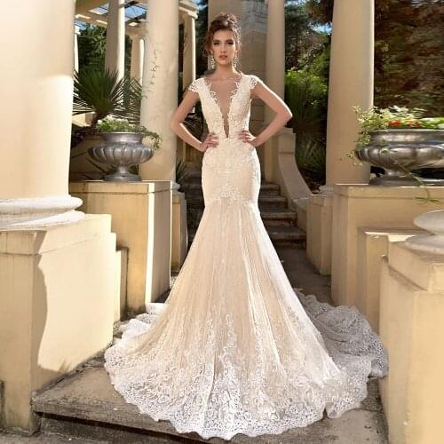Vestido De Noiva Sereia Cap Sleeve Mermaid Wedding Dress Button Back Sexy Sukienka Na Wesele Tulle Abito Da Sposa Bride Dresses