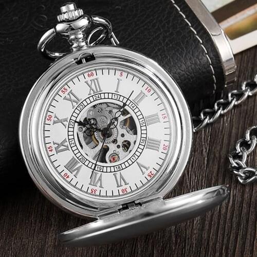Vintage Smooth Silver Roman Numerals Men Mechanical Pocket Watch With Chain Skeleton Luxury Retro Hand Wind Fob Watch Gift