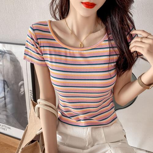 2021 Summer New Tshirt Korean Fashion Female Tops new rainbow stripe Short sleeve T Shirt Women Short goth clothes tops