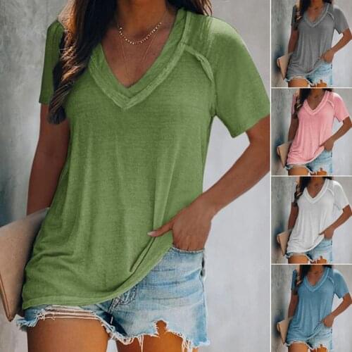 2021 Summer S-4XL Plus Size Casual Summer Women T-shirt Solid Color V Neck Short Sleeve Loose Blouse Top for Work