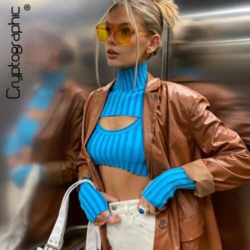 Cryptographic Autumn Fashion Turtleneck Women Top 2 Pieces Long Sleeve Cropped Top T-Shirts Y2K Striped Knitted Top Tees Slim