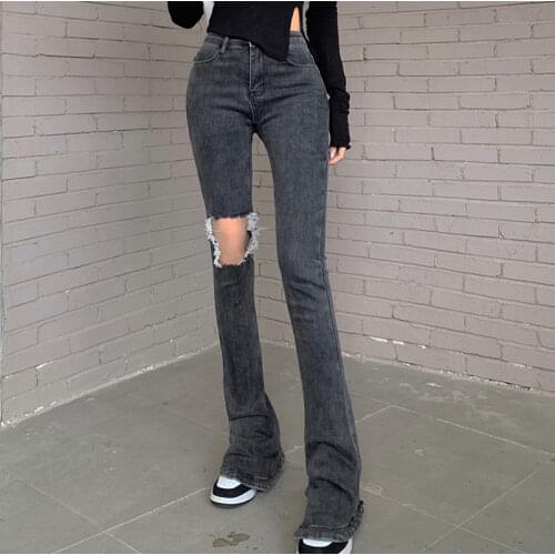 Spot China new womens pants personality fashion high waist show thin holes jeans horseshoe pants