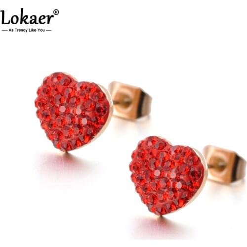 Lokaer Classic Titanium Steel Red Crystal Heart Love Earrings Rose Gold Color Rhinestone Stud Earrings For Women E18008