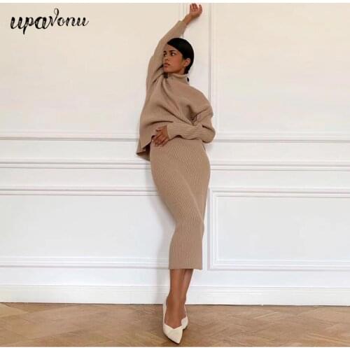 Free Shipping 2021 New Womens Knitted Set Fashion High Neck Long Sleeve Pullover & High Waist Tight Skirt 2-piece casual suit