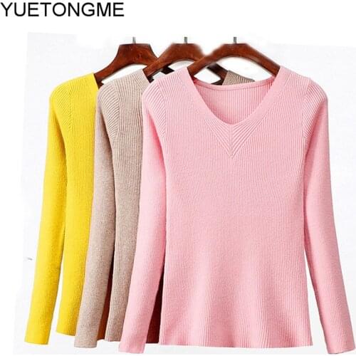 2020 Autumn Winter women Knitted V neck Sweater Casual Jumper Fashion Slim Femme Elasticity Pullovers BT141A