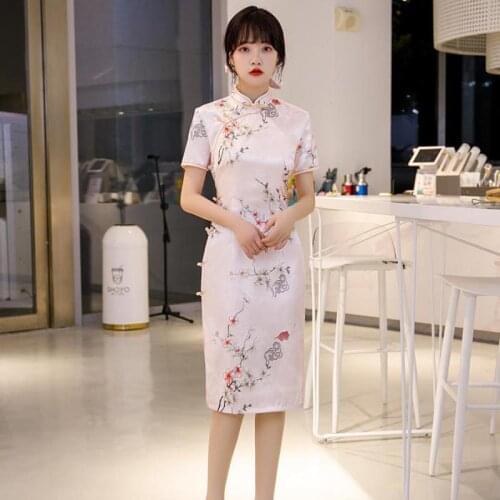 Female Print Flower Sheath Cheongsam Sexy Lace Qipao Mandarin Collar Vintage Chinese Dress Gown Plus Size 3XL 4XL Vestidos
