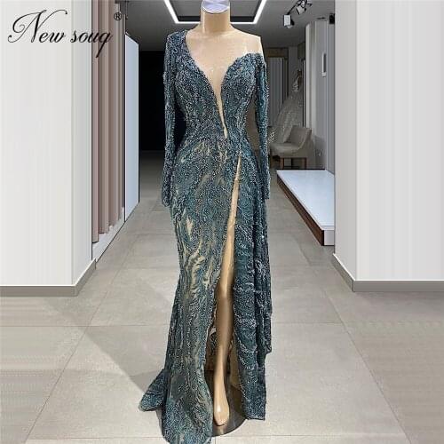 Saudi Arabia Beaded Green Formal Prom Dress 2020 Custom Vestidos De Festa Longo See Through Women Evening Dresses Illusion Dubai