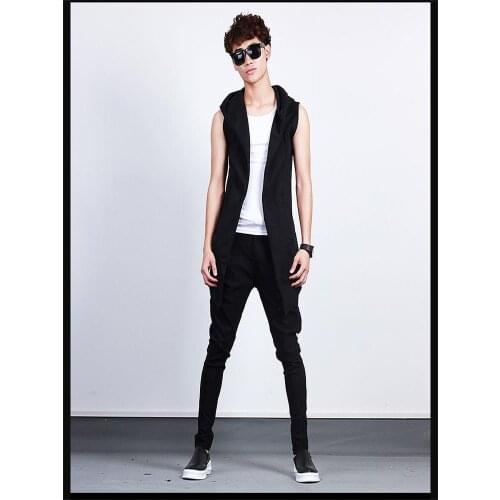 Spring/summer mens new solid color hooded lapel medium length mens casual vest fashion sleeveless vest coat