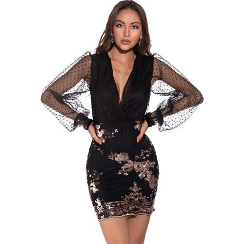 Ziamonga Black Party Dress 2021 New Spring Summer Sexy Deep V Neck Lantern Sleeve Flocking Polka Dot Sequined Fairy Mini Dresses