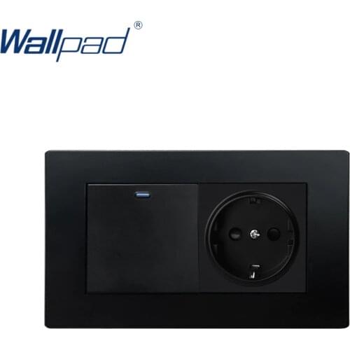 1 Gang 2 Way With EU German Socket Wallpad Luxury Wall Light Switch Rocker Switch 16A AC110~250V Black PC Panel