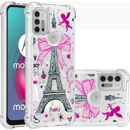 Glitter Phone Case For MOTO Edge s G30 10 9 E7 6 G Stylus Play power 2021 Eiffel Tower Dynamic Liquid Love Heart Quicksand Cover