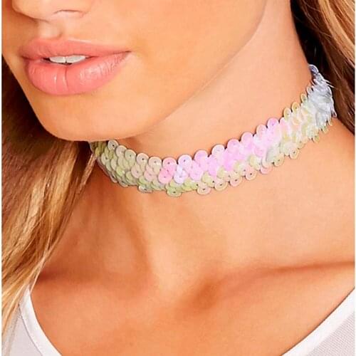 Blogger Girls Party Shiny Hologram Sequins Tie Choker Collar Tattoo Torques Collar Bib Wrap Necklace Punk Wedding Jewelry Gothic