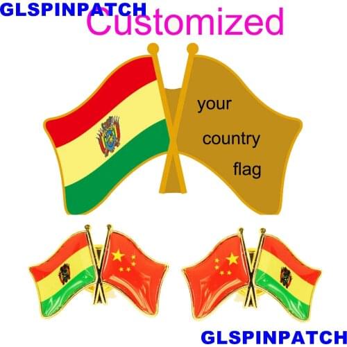 Bolivia Crossed Friendship Flag Double Country lapel pin Brooch USA UK France Chile Russia Saudi Arabia Japan Spain Badge