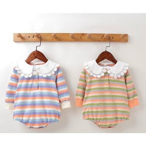 Baby Girl Winter Clothes Cotton Long Sleeve Lace Flower Turn-down Collar Rainbow Striped Baby Romper Cute Baby Jumpsuits 6-18M