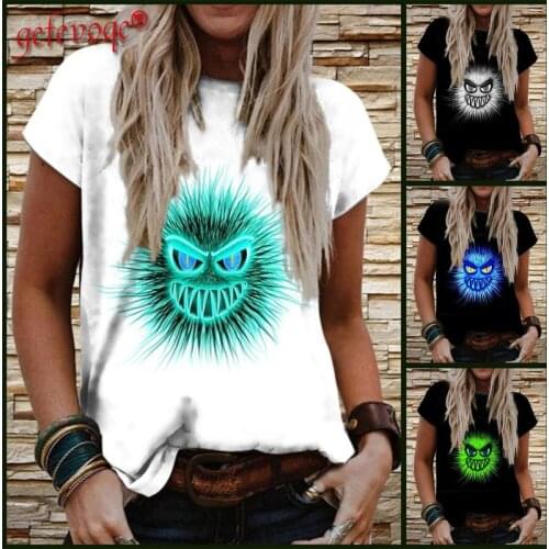 Summer Women Fashion Street Casual Little Devil Cartoon Printing Harajuku Tops Lady Loose Round Neck Plus Size Sleeve T-shirt