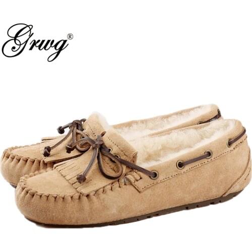 GRWG 100% Natural Fur Women Shoes Moccasins Mother Loafers Soft Genuine Leather Leisure Flats Female Driving Casual Footwear