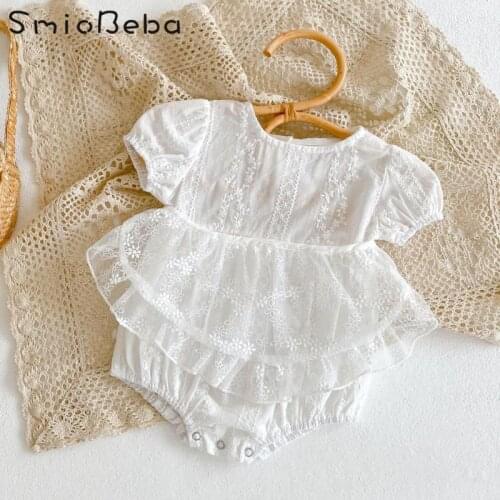 Ins Baby White Lace Girls Rompers Clothing Summer Korean Jacquard Short Sleeve Bag Bodysuit Creeping Suit + Apron Two Piece Suit
