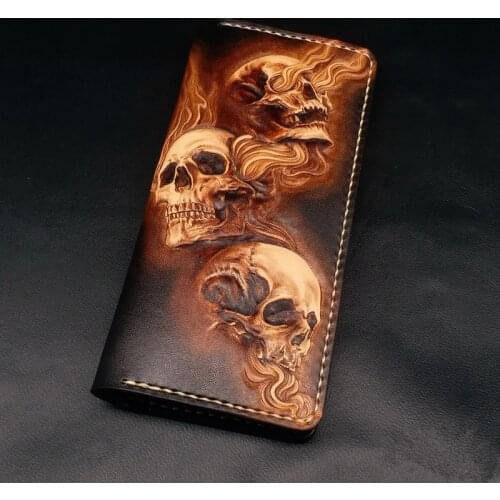 Handmade Wallets Carving Three Skulls Purses Men Long Clutch Vegetable Tanned Leather Wallet Card Holder