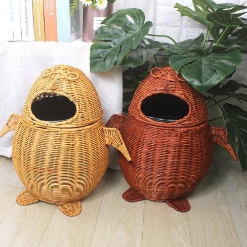 Cute penguin trash can bamboo rattan trash can home living room creative girl bedroom kindergarten cartoon paper basket dustbin