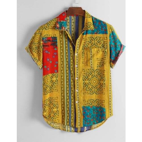 Breathable Cotton Men Shirt Ethnic Style Print Vintage Short Sleeve Streetwear Tops Loose Men Beach Hawaiian Shirts 2021