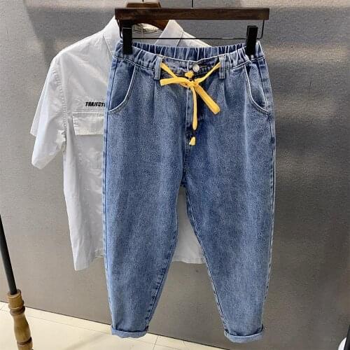 Men 2021 Spring Summer New Harem Pants Thin Jeans Men Drawstring Loose Denim Trousers Male Elastic Waist Loose Casual Pants W535