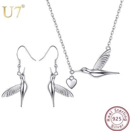 U7 925 Sterling Silver Bird Pendant Necklace And Dangle Earrings Set Animals Charm Jewelry Mothers Day Gift for Girl/Women SC94