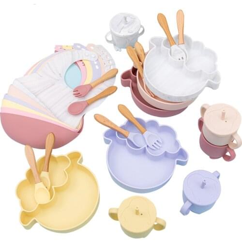 5Pcs/1Set Sheep Silicone Dishes Baby Feeding Bowl Set Baby Learning Suction Bowl Cup Set Wood Fork Spoon Non-Slip for Babies Bib