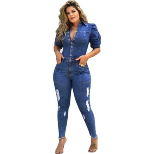 New Fashion Casual Sexy Puff Sleeve Hole Ripped Cotton Denim Jumpsuit Combinaison Femme Bodycon Jeans Women Romper Overalls DDLG
