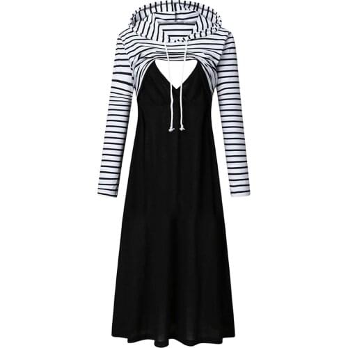 Maternity Dress Women Pregnant Maternity Striped Long Sleeve Hooded Nursing Dress Breastfeeding Pregnant Clothes Vestidos