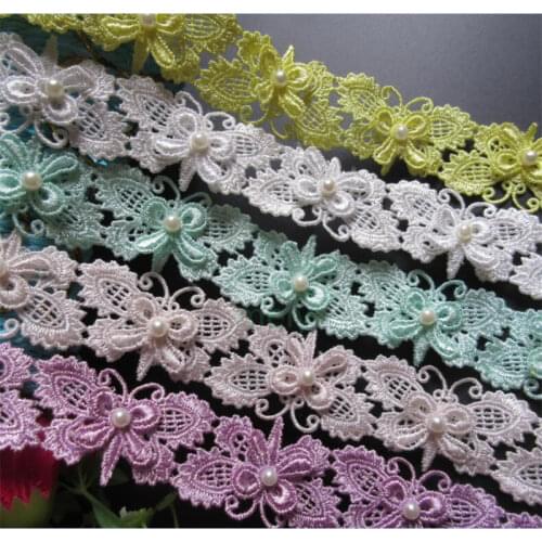 Soluble Butterfly Bowknot Pearl Embroidered Lace Trim Ribbon Fabric Sewing Craft Patchwork Handmade DIY For Costume Decoration