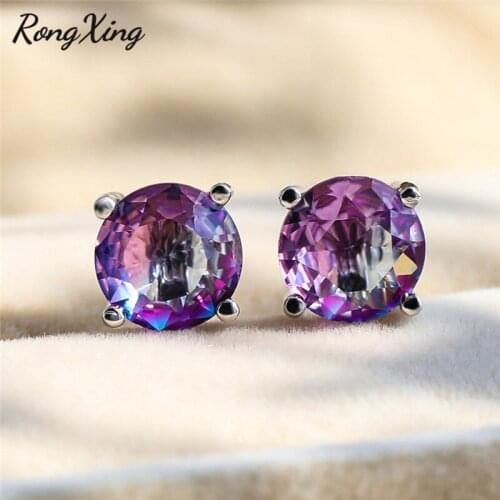 RongXing Charming Purple Crystal Round Earrings for Women Silver Color Stud Earring Female Luxury Zircon Engagement Jewelry
