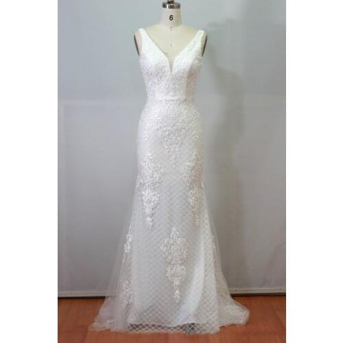 French Style Wedding Dress 2020 New Fashion Mermaid Beige Appliqes Wedding Dresses Sexy V-neck Lace Up Bridal Dress