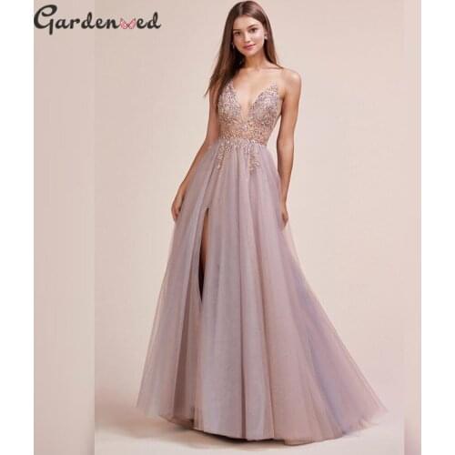 A line diamonds beading tulle dress Spaghetti straps v-neck backless vestidos Luxury Illusion high split robe evening