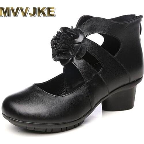 MVVJKE Genuine hollow leather high heel shoes for women retro casual single shoe thick round head with comfortable breathable