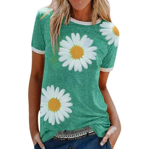 New Fashion Women Summer Sunflower Print Short Sleeve O Neck Loose Blouse T-shirt Tops